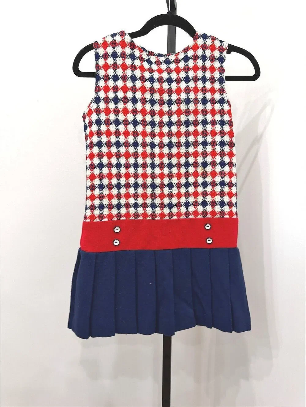 Playmore Size 10 Girls Sleeveless Dress with Pleated Navy Skirt Red Waistband